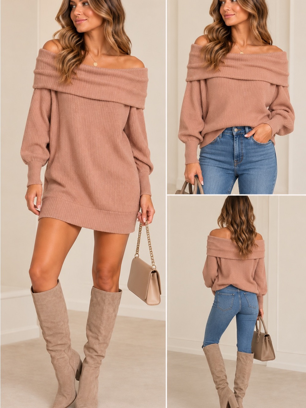 Love in Off-Shoulder Ribbed Sweater Tunic in Mauve